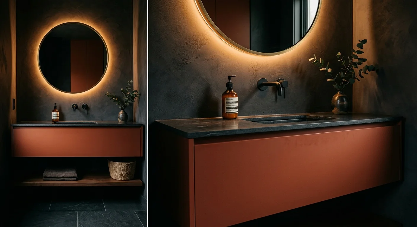 A moody powder room with a saturated terracotta lacquered vanity, dark plaster walls, and a glowing backlit brass mirror.