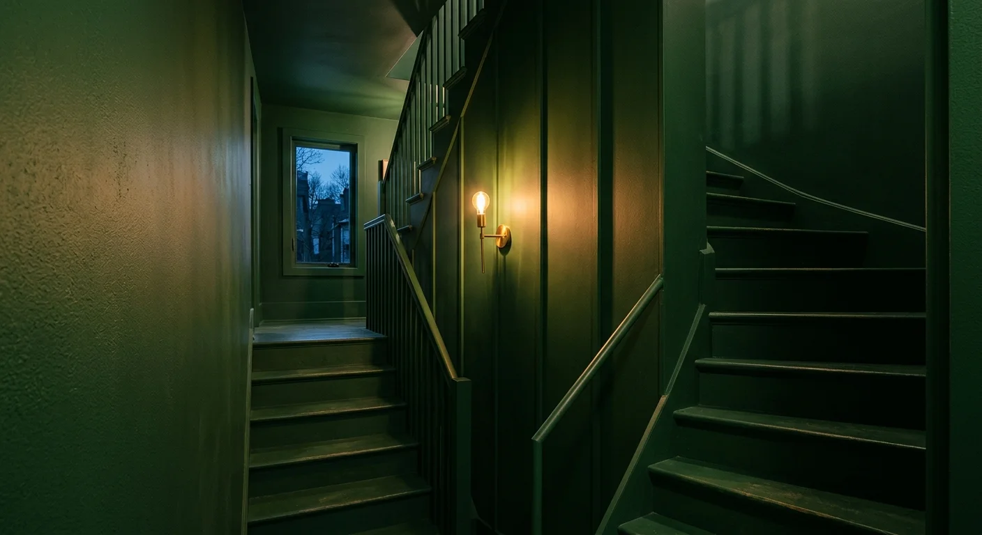 A moody staircase painted entirely in deep forest green, with a single glowing brass wall sconce creating dramatic shadows.
