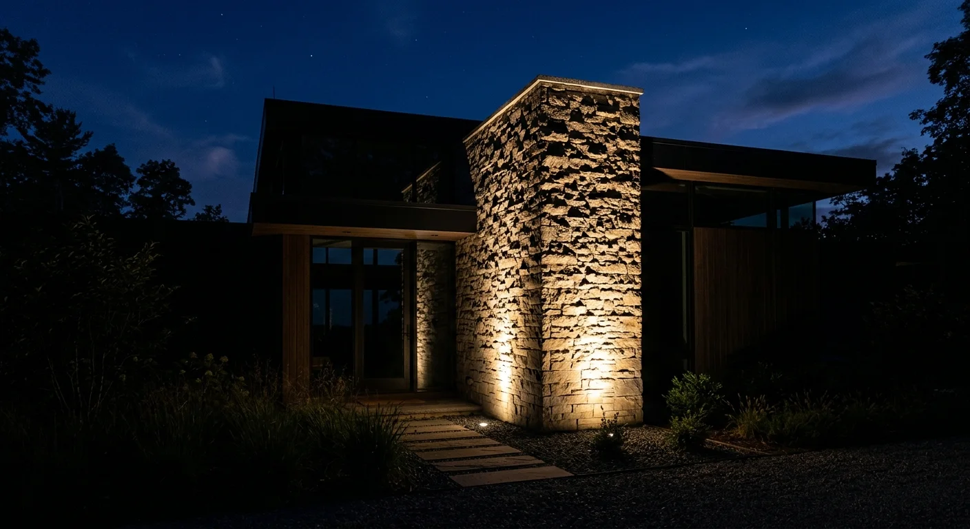 A night photo of a stacked-stone column dramatically illuminated from below by ground well-lights.