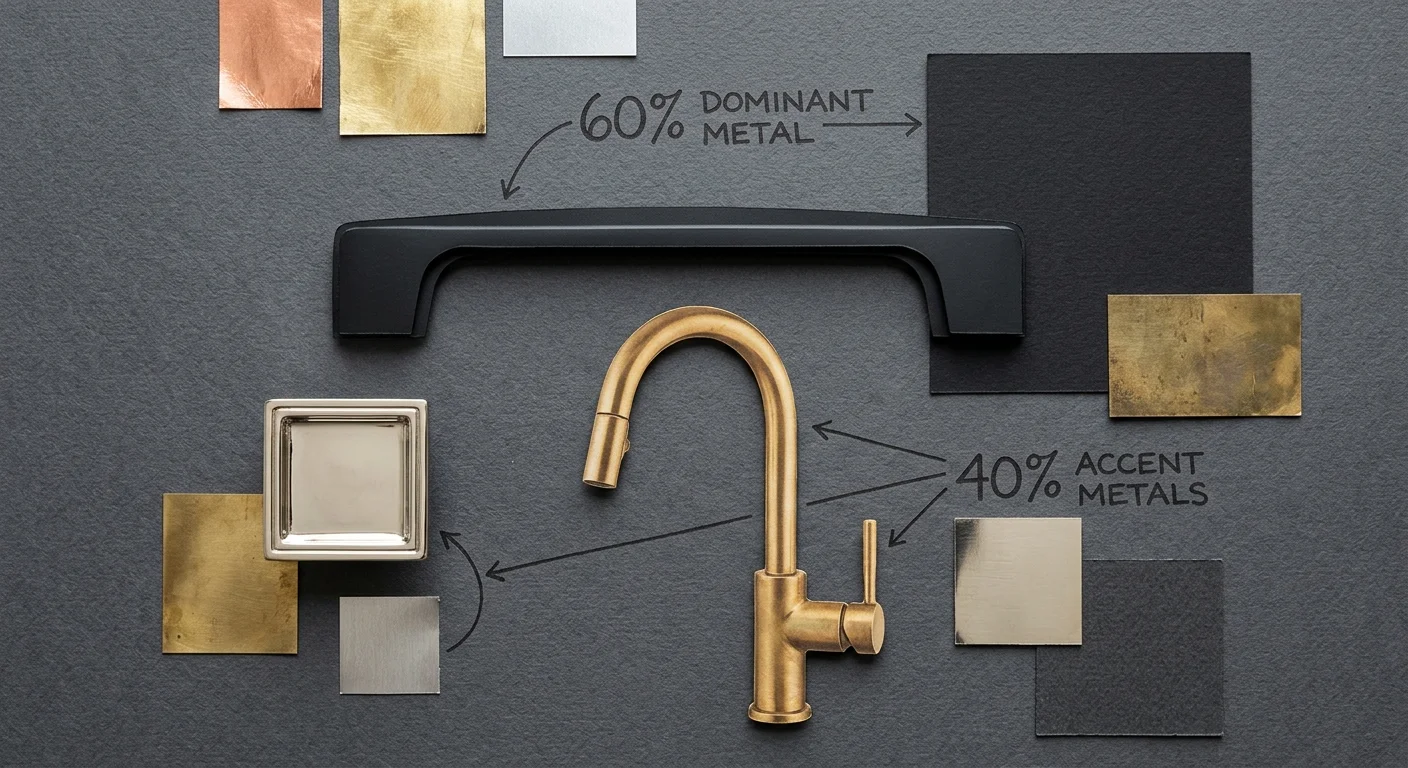 A paper collage showing mixed metal finishes like matte black, brass, and polished nickel with stylized percentage labels.