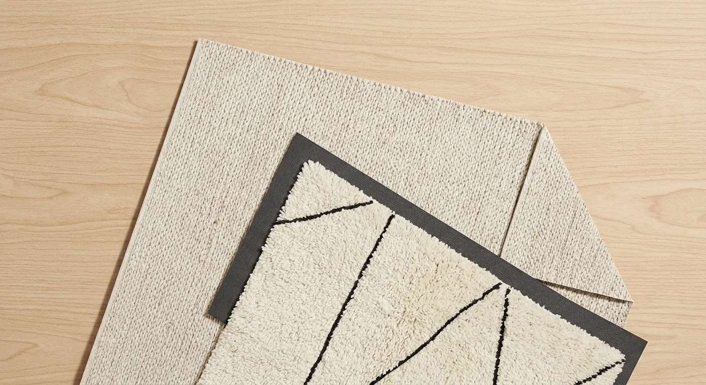 A paper-craft collage showing a plush geometric rug layered diagonally over a larger neutral sisal rug on wood flooring.
