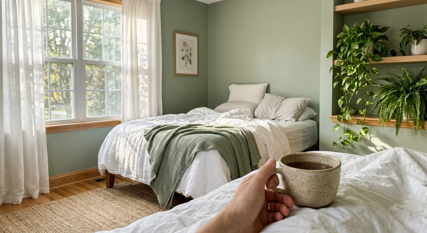 A peaceful bedroom with soft sage green walls, rumpled linen sheets, biophilic houseplants, and warm morning sunlight.