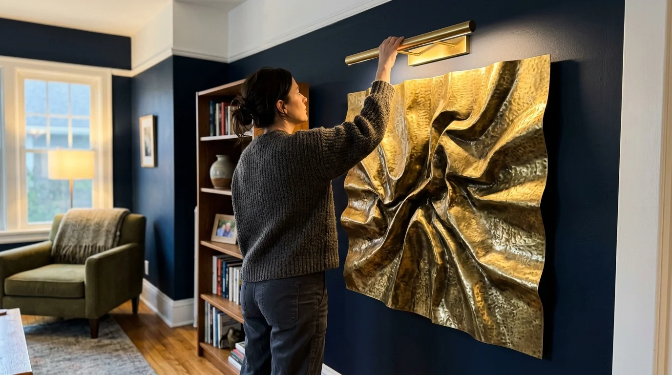 A person adjusting a brass picture light over a sculptural, hammered brass wall art piece on a dark navy wall.