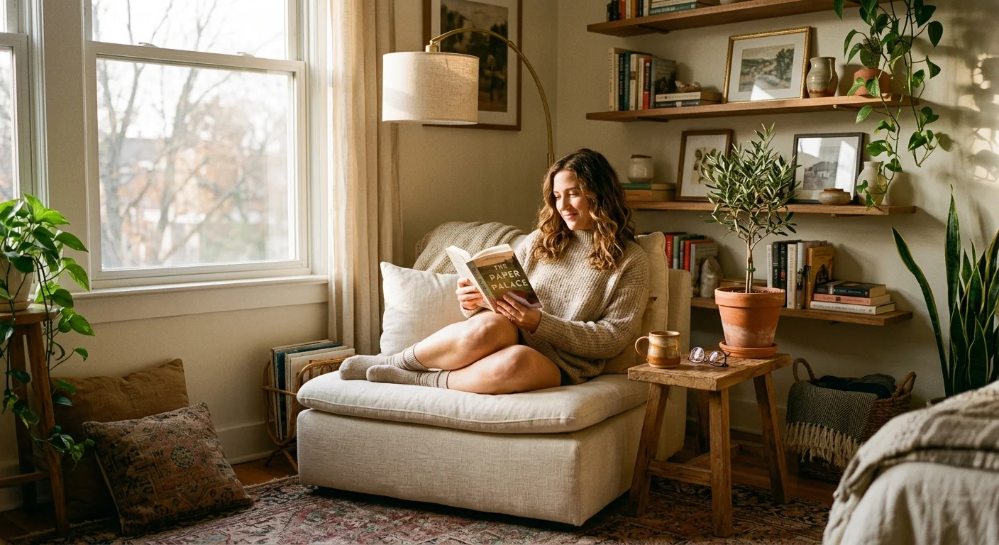 A person reading a book in a cozy, warm-toned small living room filled with plants and books.