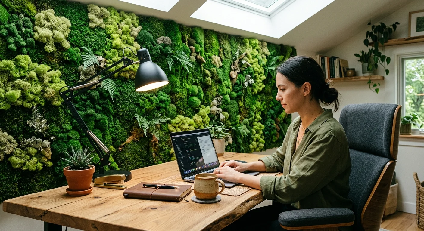 A photograph of a home office featuring a vibrant, multi-textured preserved green moss wall behind a wooden desk.