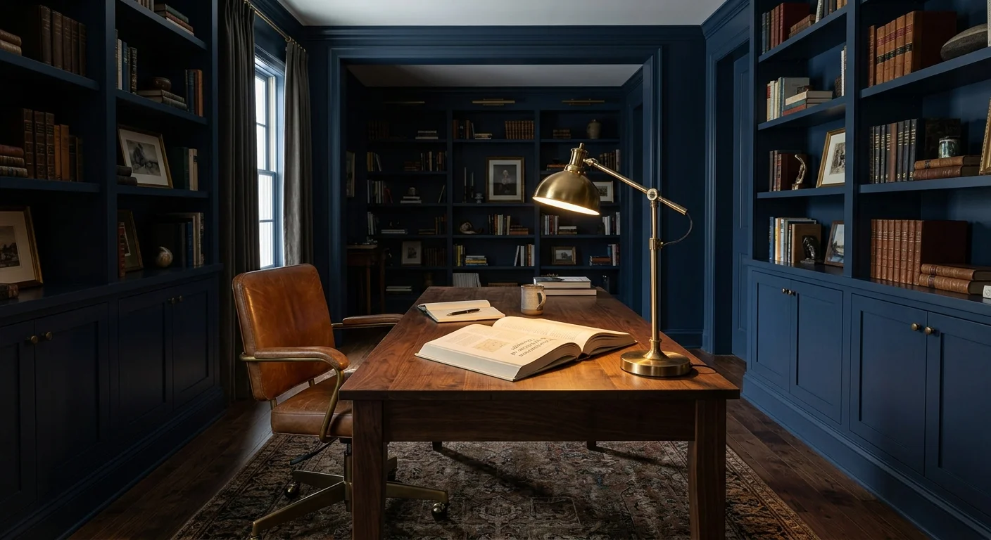 A quiet home office drenched in matte navy blue paint, featuring a walnut desk, cognac leather chair, and a brass desk lamp.