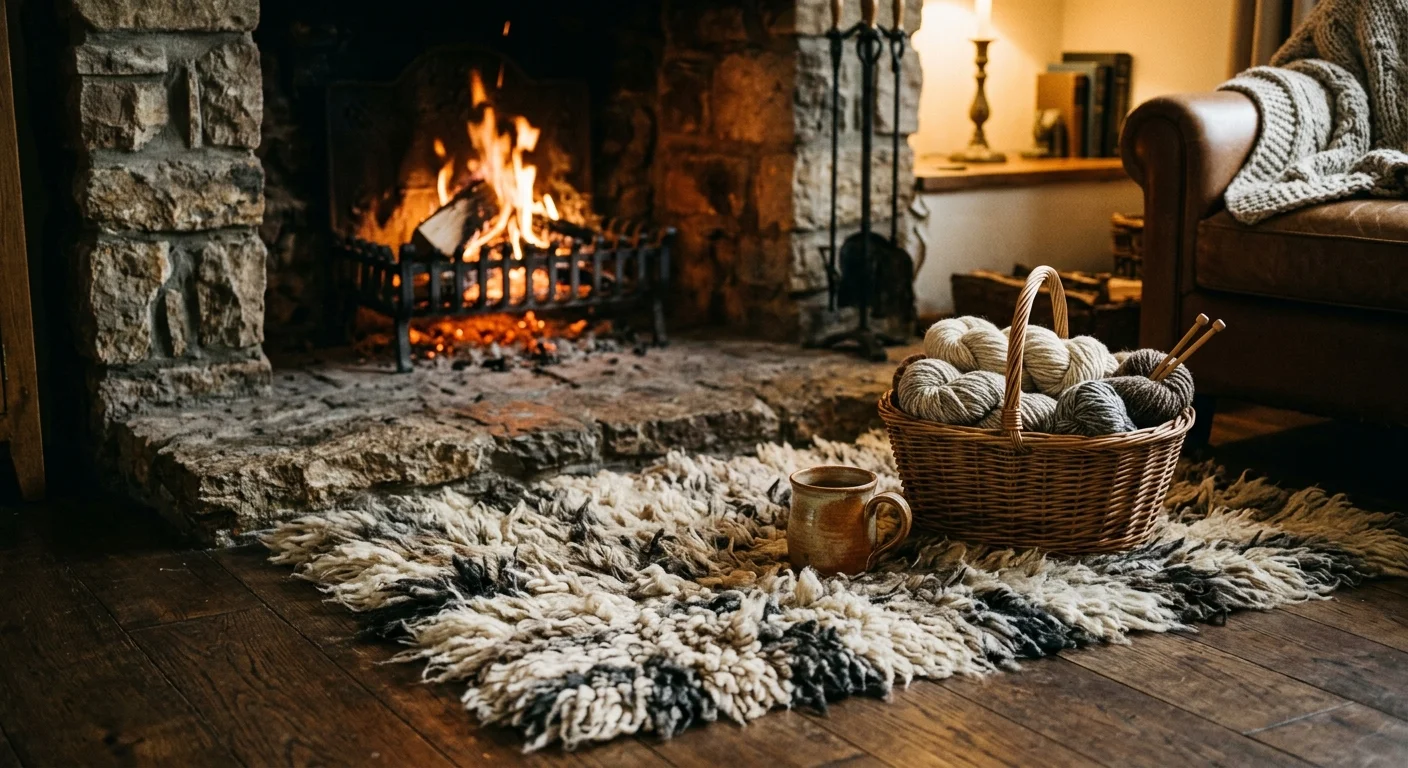 A raw, un-dyed hand-spun wool rug near a glowing stone fireplace, with a basket of yarn skeins beside it.