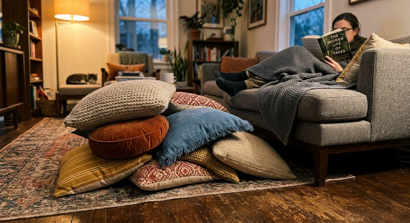A realistic photo of a pile of decorative pillows stacked on a hardwood floor next to a cozy sofa where someone is lounging.