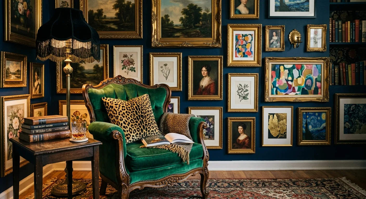 A rich maximalist corner featuring an emerald velvet armchair, an ornate gallery wall, and a brass floor lamp in warm light.