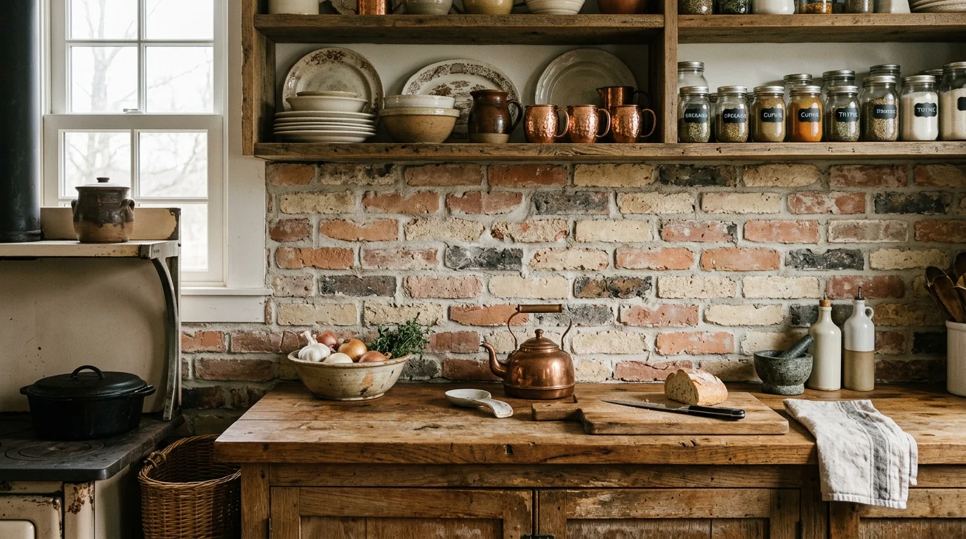 A rustic reclaimed thin brick backsplash with a textured German smear technique above a butcher block counter.