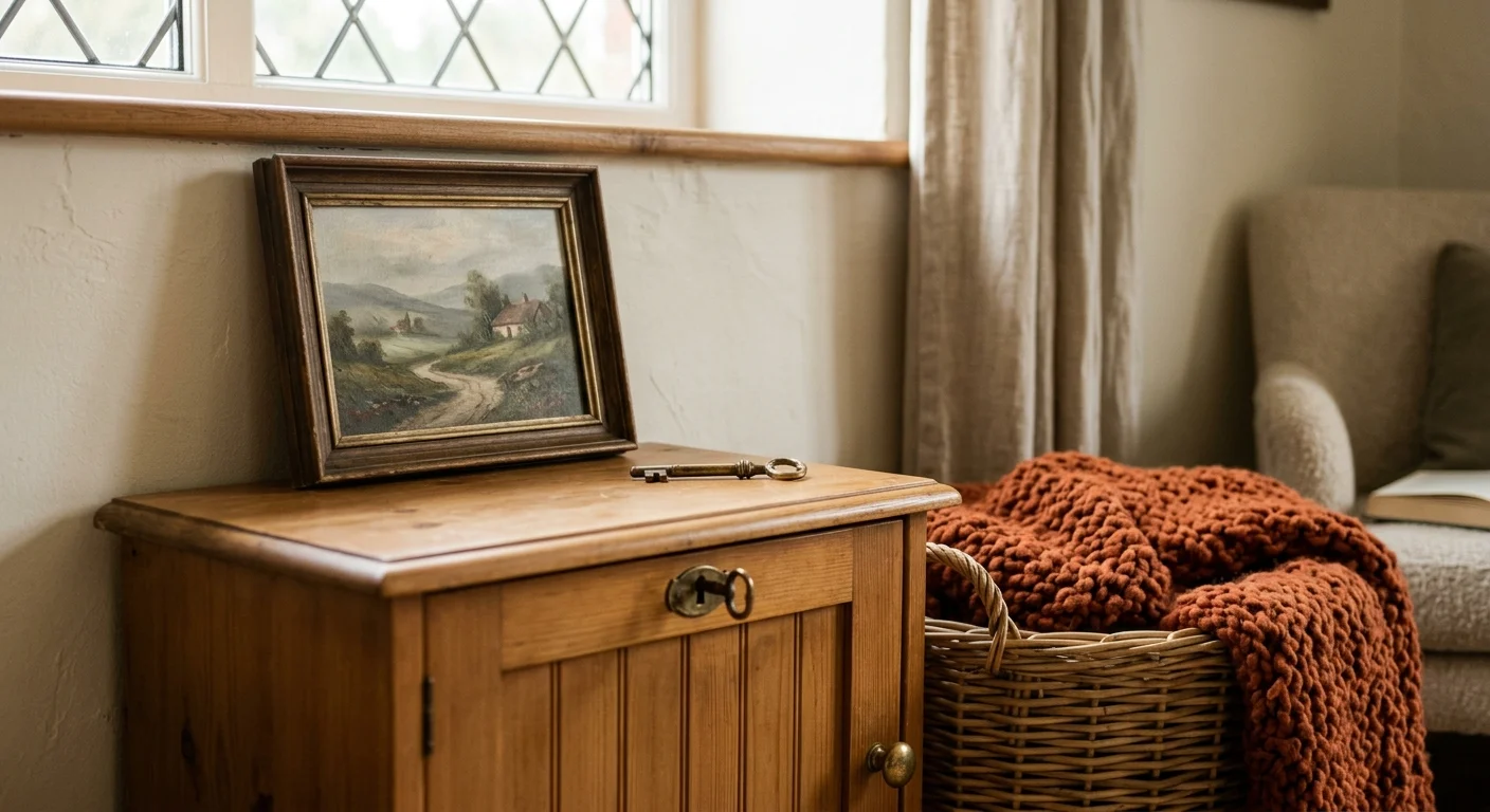 A rustic timber cabinet with a small vintage oil painting of a landscape and a woven willow hamper holding a warm terracotta blanket.