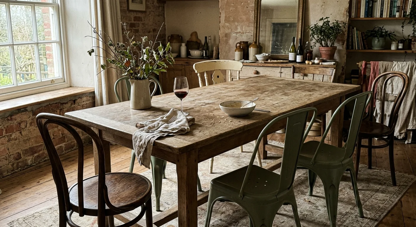 A rustic wood dining table surrounded by an eclectic mix of bentwood, metal, and painted wooden chairs.