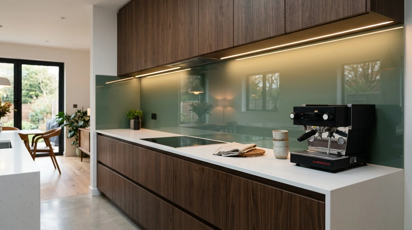 A seamless, glossy back-painted tempered glass backsplash in sage green, softly illuminated by upper LED lighting.