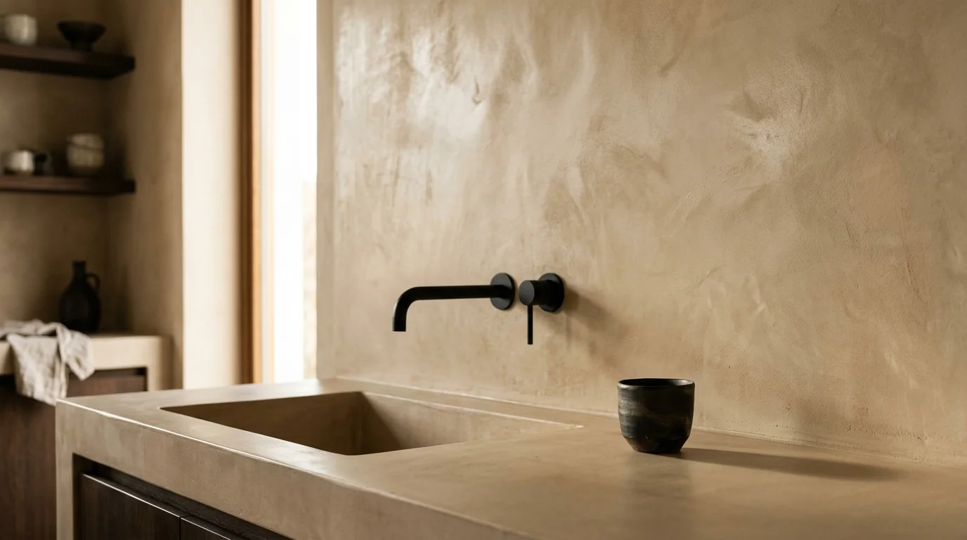 A seamless, textured warm beige Tadelakt plaster backsplash with a matte-black wall-mounted faucet.