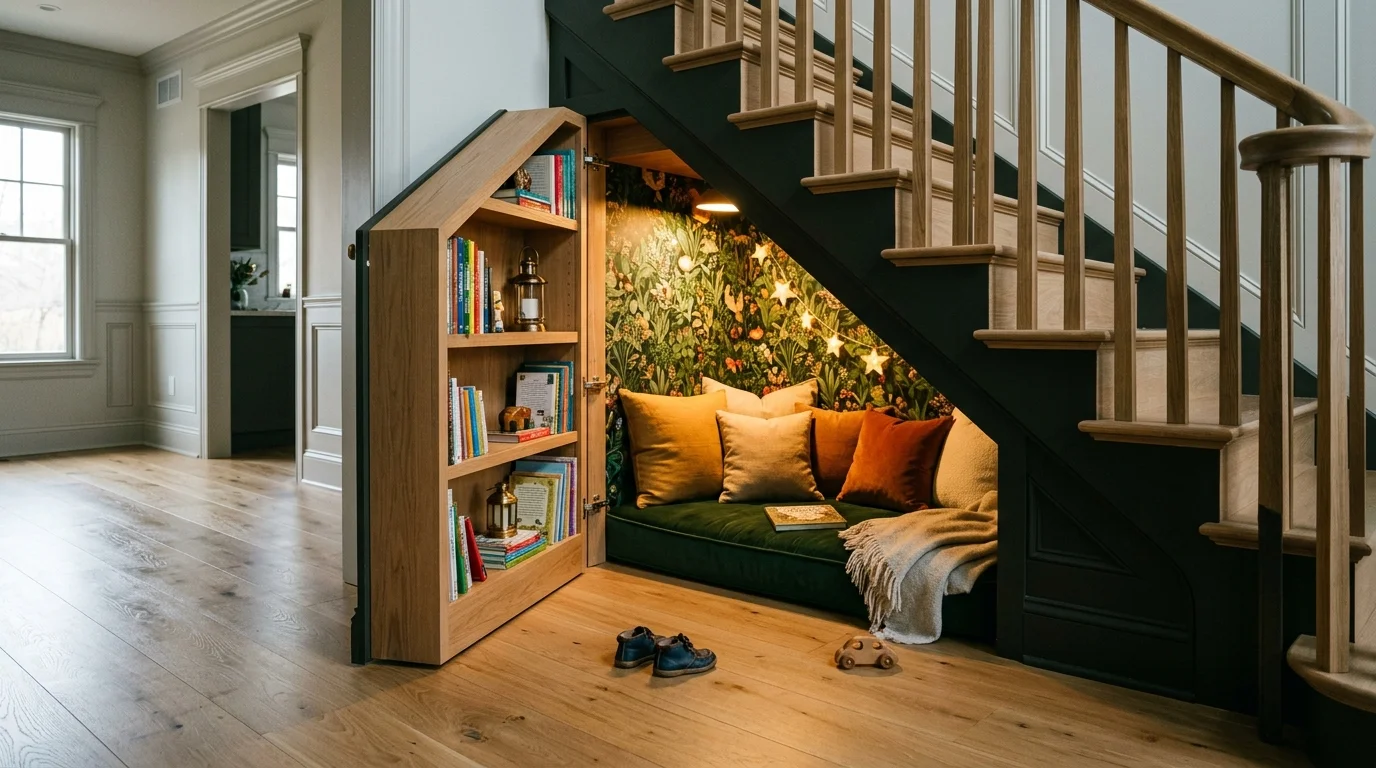 A secret cozy reading nook with cushions and fairy lights hidden behind an open wooden bookcase door under a staircase.