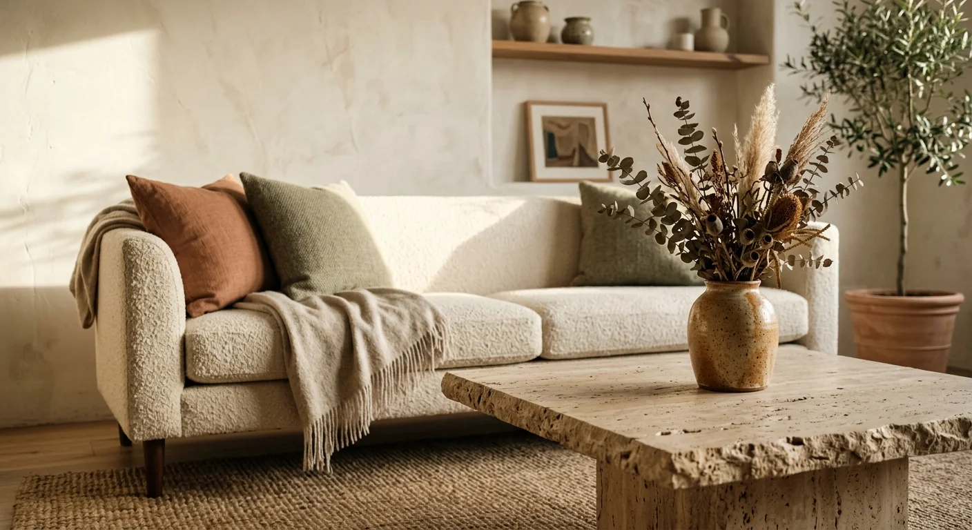 A serene living room scene featuring a raw travertine table, a cream bouclé sofa, and a warm limewash wall in soft lighting.