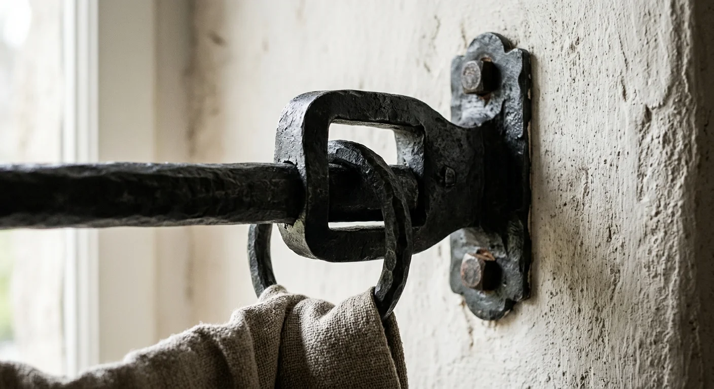 A sharp, close-up photograph of a sturdy, hand-forged black iron curtain bracket and rod against a plaster wall.