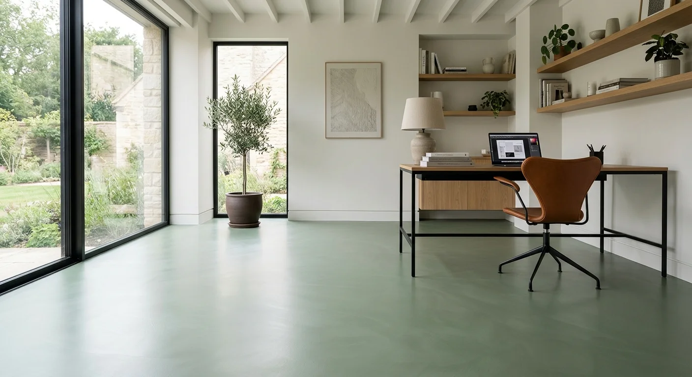 A sleek home office featuring a seamless, satin-finish bio-resin floor in a contemporary sage green hue.