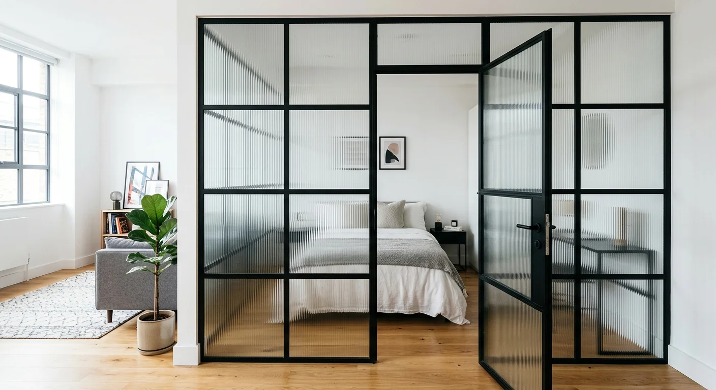 A small bedroom partitioned by a black metal-framed Crittall glass wall with translucent ribbed glass panels.