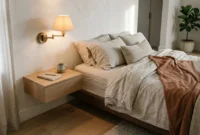 A small, elegant bedroom with a floating white oak nightstand, layered linen bedding, and warm morning light on a plaster wall.