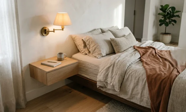 A small, elegant bedroom with a floating white oak nightstand, layered linen bedding, and warm morning light on a plaster wall.
