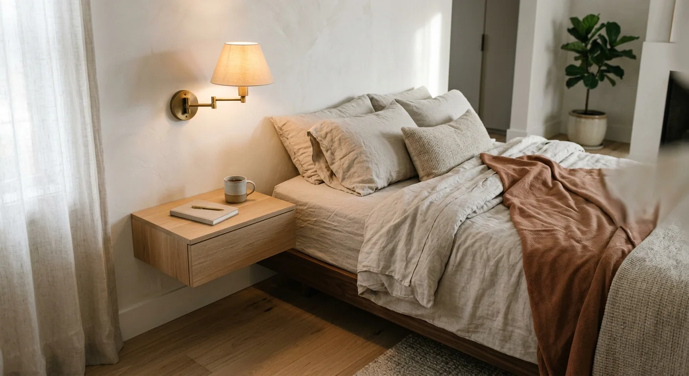 A small, elegant bedroom with a floating white oak nightstand, layered linen bedding, and warm morning light on a plaster wall.