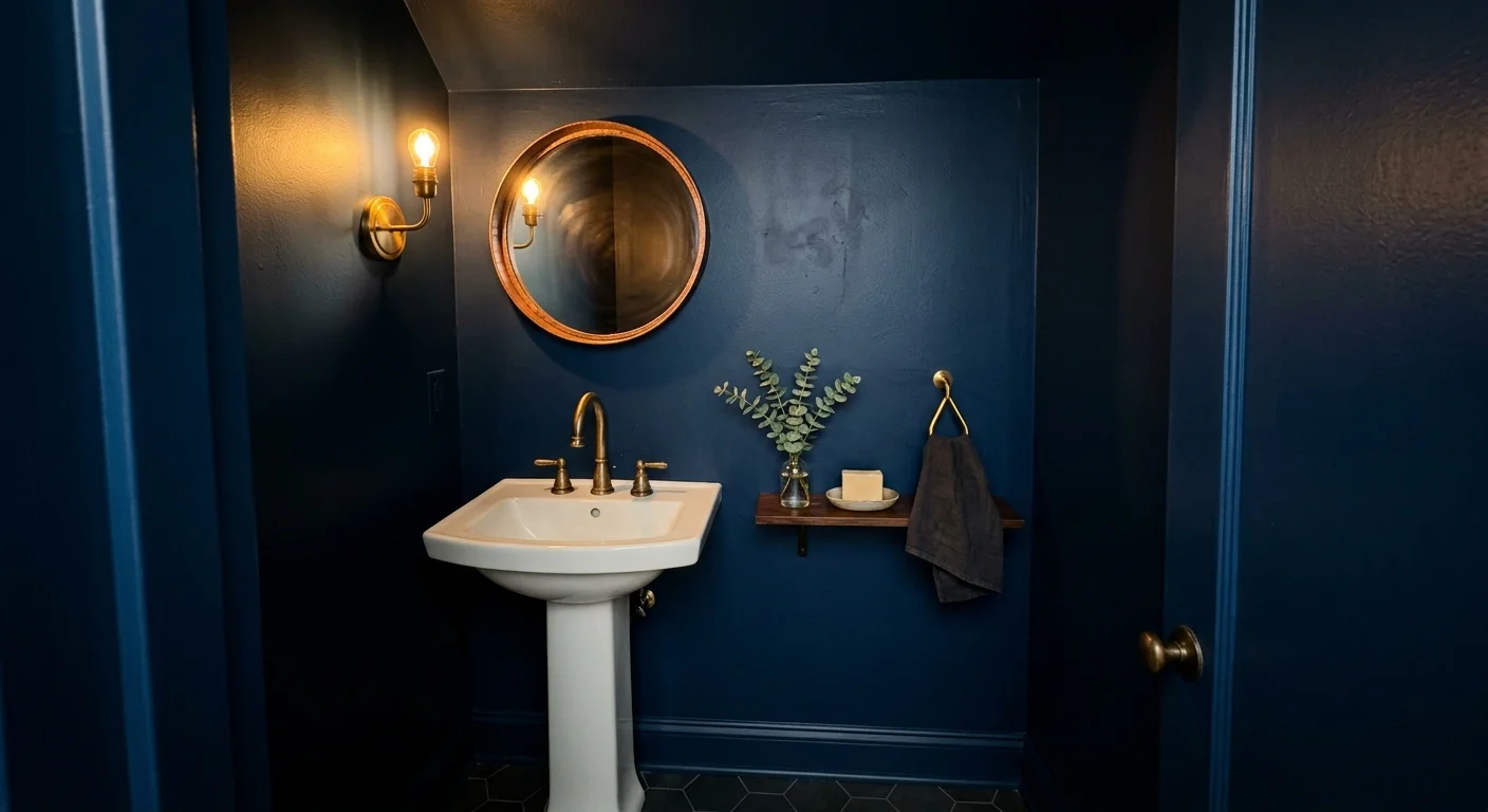 A small powder room painted deep midnight navy with warm brass sconces and a copper-framed mirror.