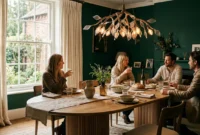 A sophisticated dining room featuring a warm oak table with a fluted pedestal base, a sculptural glass pendant light, and deep green walls.