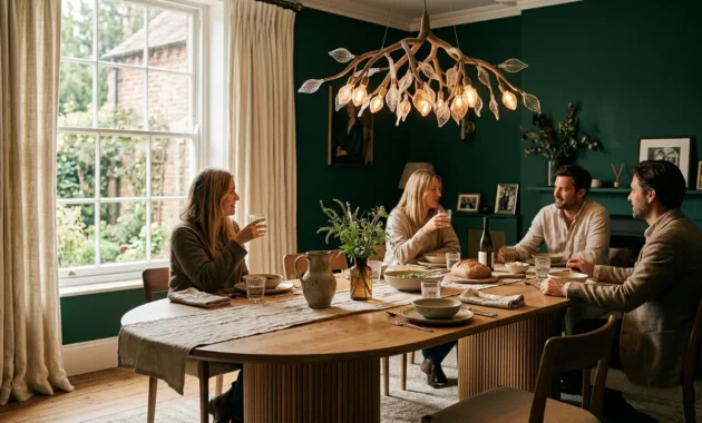 A sophisticated dining room featuring a warm oak table with a fluted pedestal base, a sculptural glass pendant light, and deep green walls.