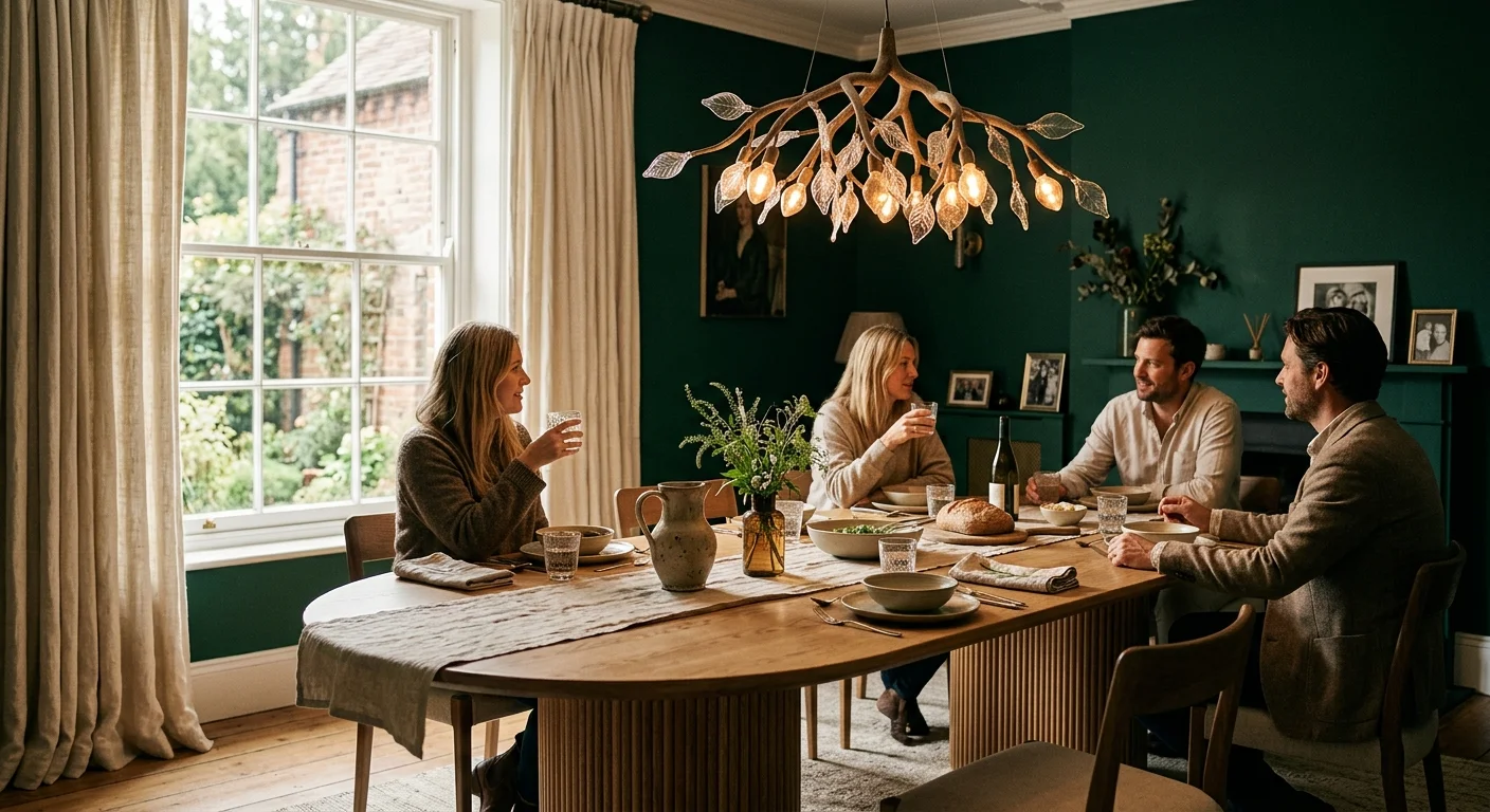 A sophisticated dining room featuring a warm oak table with a fluted pedestal base, a sculptural glass pendant light, and deep green walls.