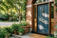 A sophisticated front door with satin-finish paint, unlacquered brass hardware, and potted ferns on bluestone steps in warm sunlight.