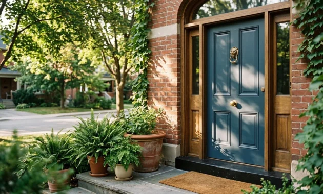 A sophisticated front door with satin-finish paint, unlacquered brass hardware, and potted ferns on bluestone steps in warm sunlight.