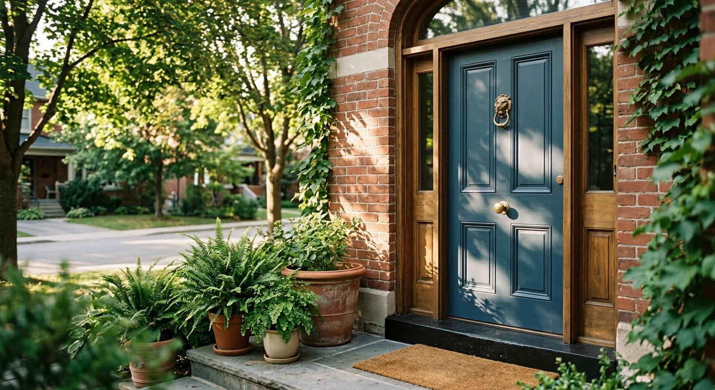 A sophisticated front door with satin-finish paint, unlacquered brass hardware, and potted ferns on bluestone steps in warm sunlight.