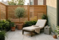 A sophisticated small urban patio with a low-profile lounge chair, potted olive tree, and slatted cedar privacy screen in warm light.