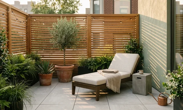 A sophisticated small urban patio with a low-profile lounge chair, potted olive tree, and slatted cedar privacy screen in warm light.