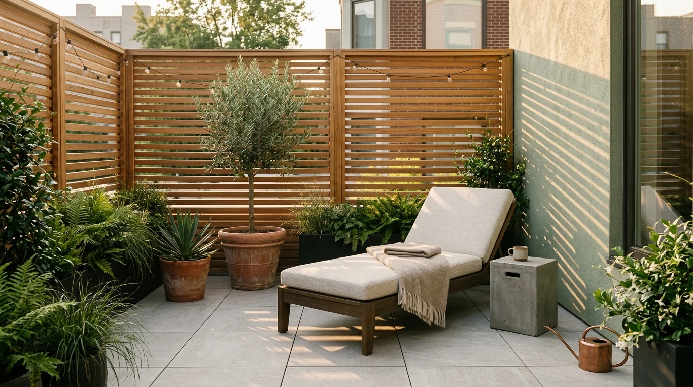 A sophisticated small urban patio with a low-profile lounge chair, potted olive tree, and slatted cedar privacy screen in warm light.