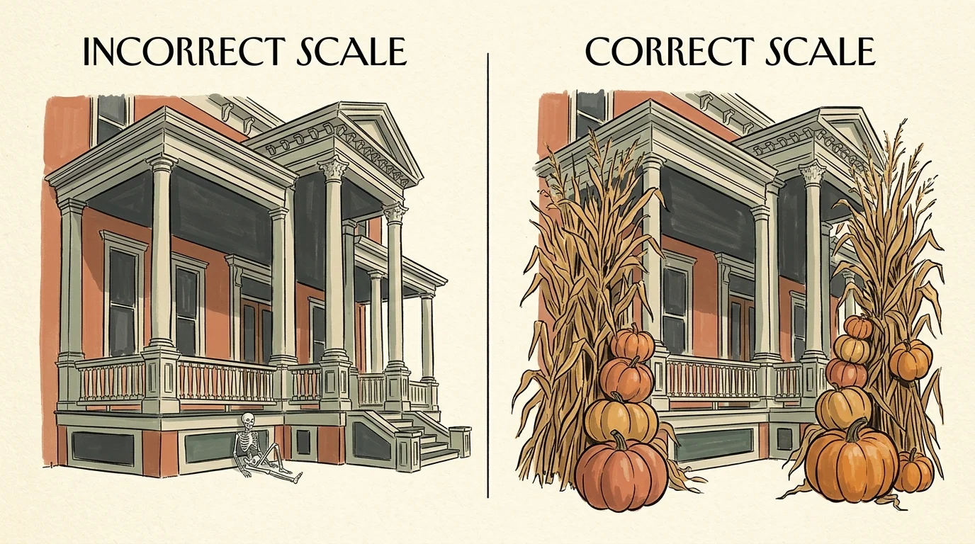 A split-panel illustration comparing incorrect tiny porch decor to correct, architecturally scaled autumn porch styling.