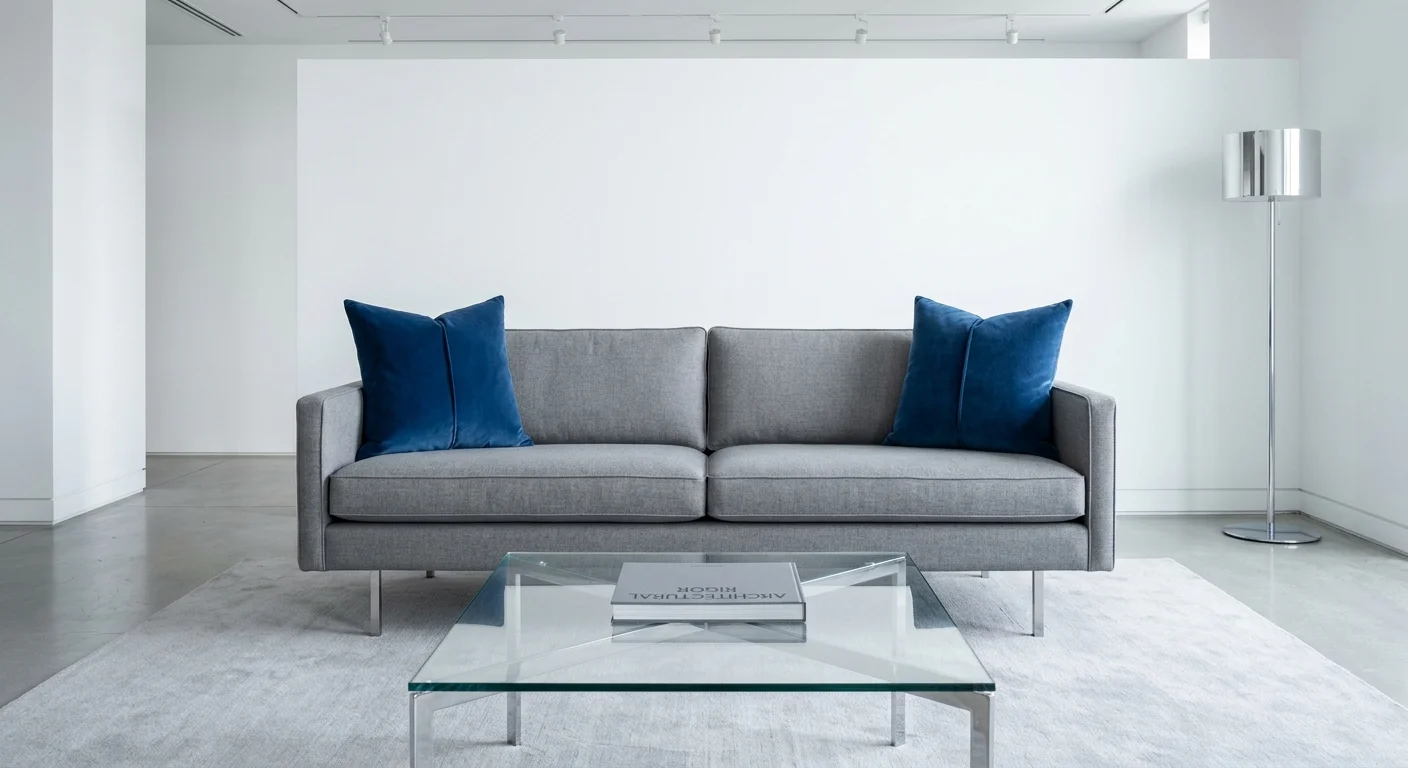 A stiff, overly symmetrical arrangement of identical blue velvet pillows on a gray sofa, creating a clinical showroom look.