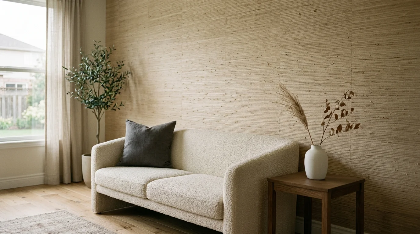 A styled living room featuring a textured sand-colored grasscloth peel-and-stick wallpaper accent wall behind a cream sofa.