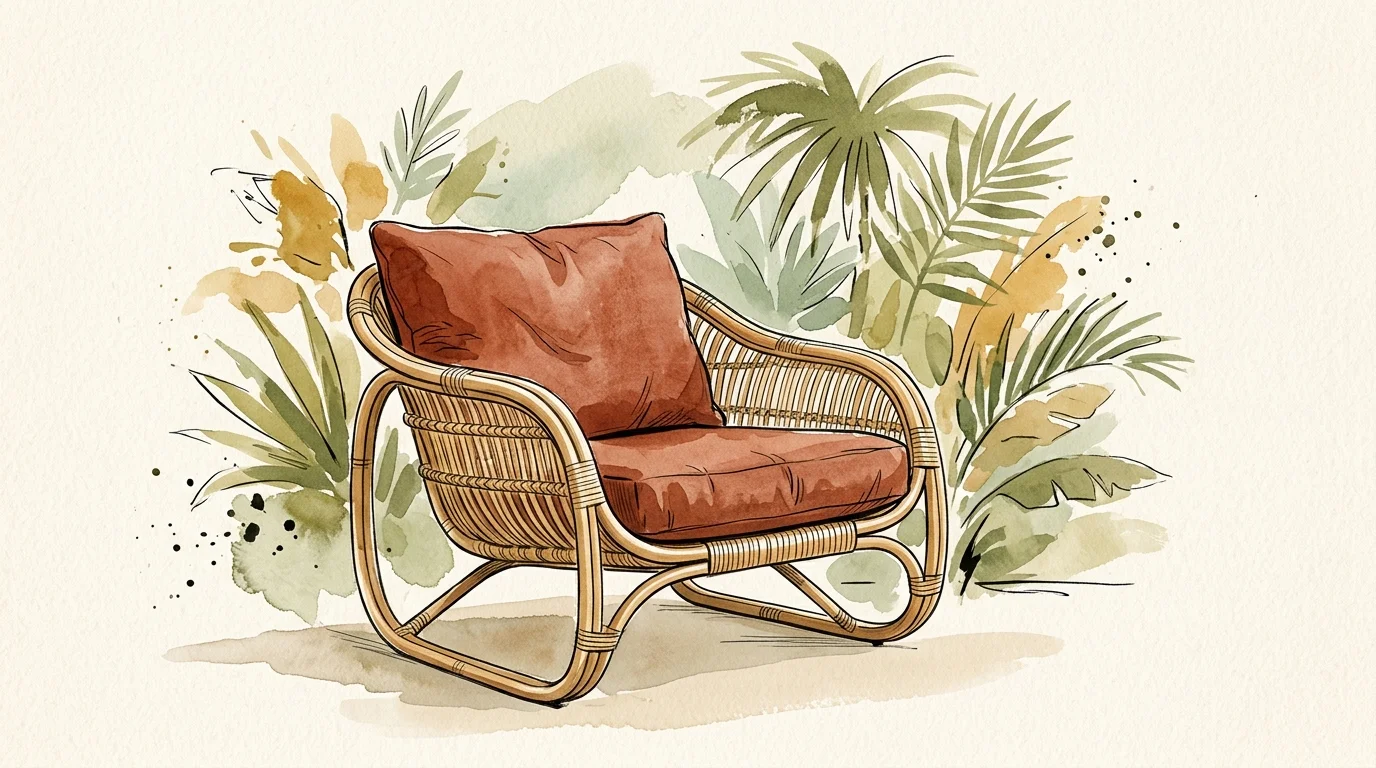 A stylized gouache illustration of a curved, low-profile rattan chair with a terracotta cushion, surrounded by soft green foliage.