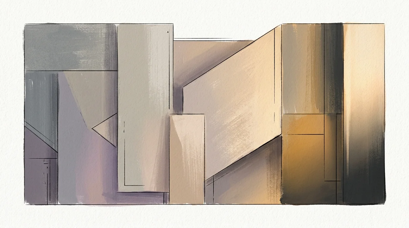 A stylized gouache illustration of overlapping geometric panels in greige and cashmere tones, showcasing how the color shifts under light.