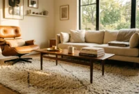 A sunlit, cozy living room with a thick cream wool rug under a low walnut coffee table, captured in warm afternoon light.