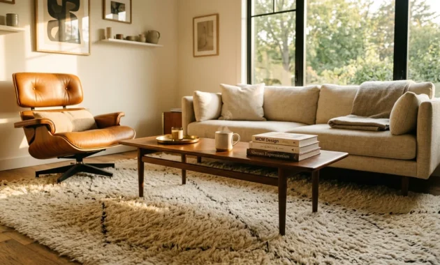 A sunlit, cozy living room with a thick cream wool rug under a low walnut coffee table, captured in warm afternoon light.