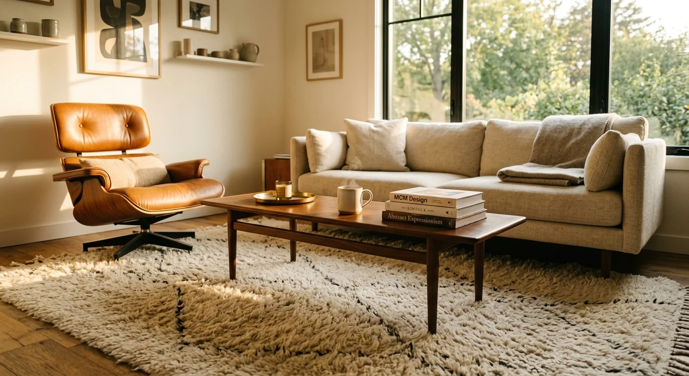 A sunlit, cozy living room with a thick cream wool rug under a low walnut coffee table, captured in warm afternoon light.