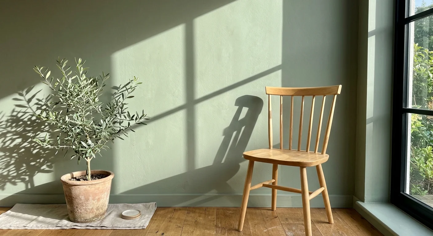 A sunlit home corner with a muted sage green wall, a light wood chair, and a potted olive plant in a terracotta pot.