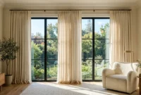 A sunlit living room with high-hung cream linen curtains framing a large window to make the space look taller and wider.