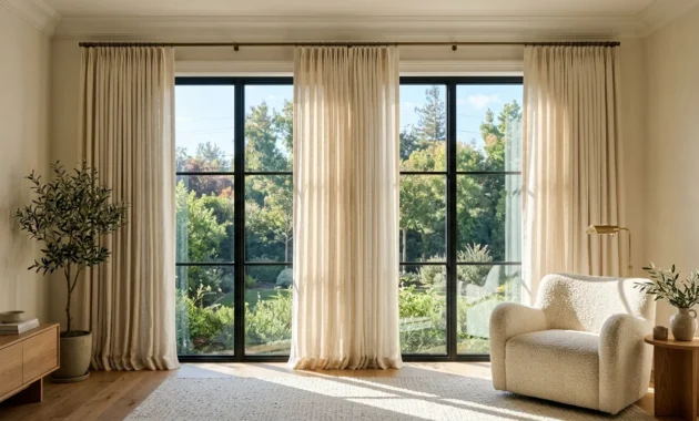 A sunlit living room with high-hung cream linen curtains framing a large window to make the space look taller and wider.