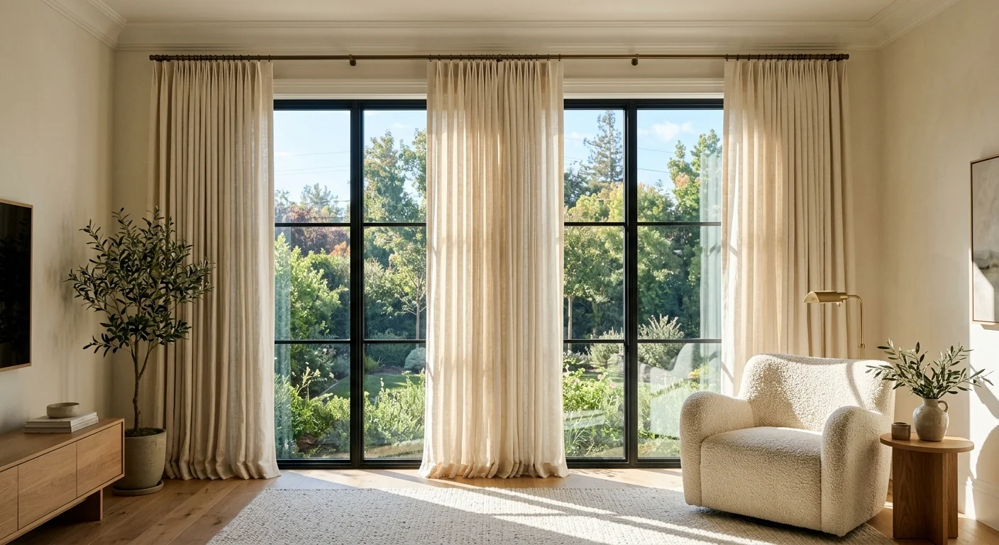 A sunlit living room with high-hung cream linen curtains framing a large window to make the space look taller and wider.