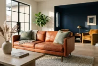 A sunlit modern living room showcasing a terracotta leather sofa, sage green pillows, and a deep navy blue reading nook.