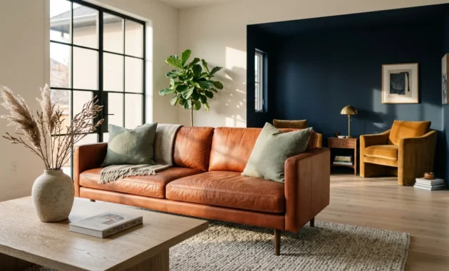 A sunlit modern living room showcasing a terracotta leather sofa, sage green pillows, and a deep navy blue reading nook.
